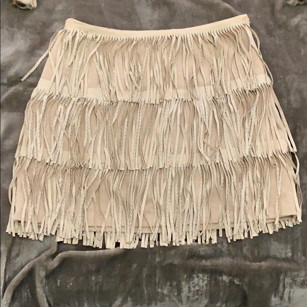 High-Wasted Suede Skirt w/ Leather Fringes